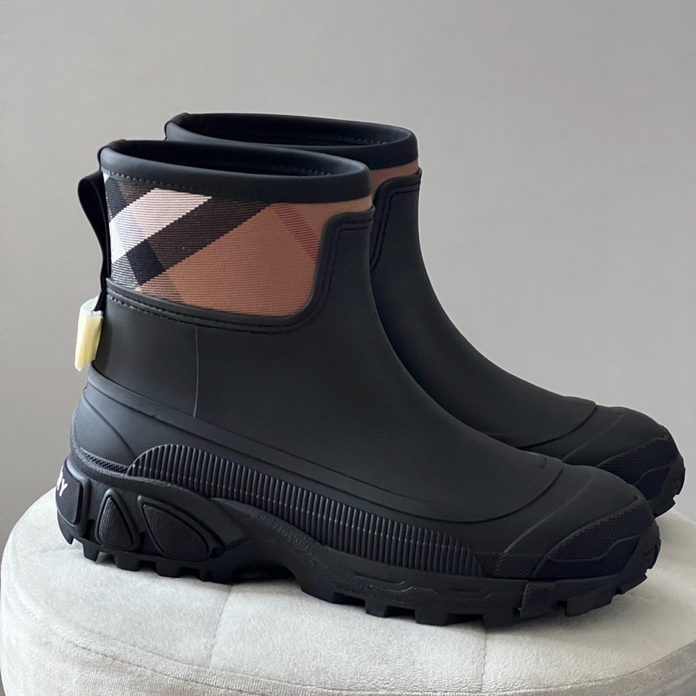 Burberry Black Ankle Rain Boots with Signature Check Trim
